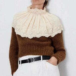 Zara Knit Wool Blend Sweater Eyelet Lace Collar Women's M Brown Dainty Feminine